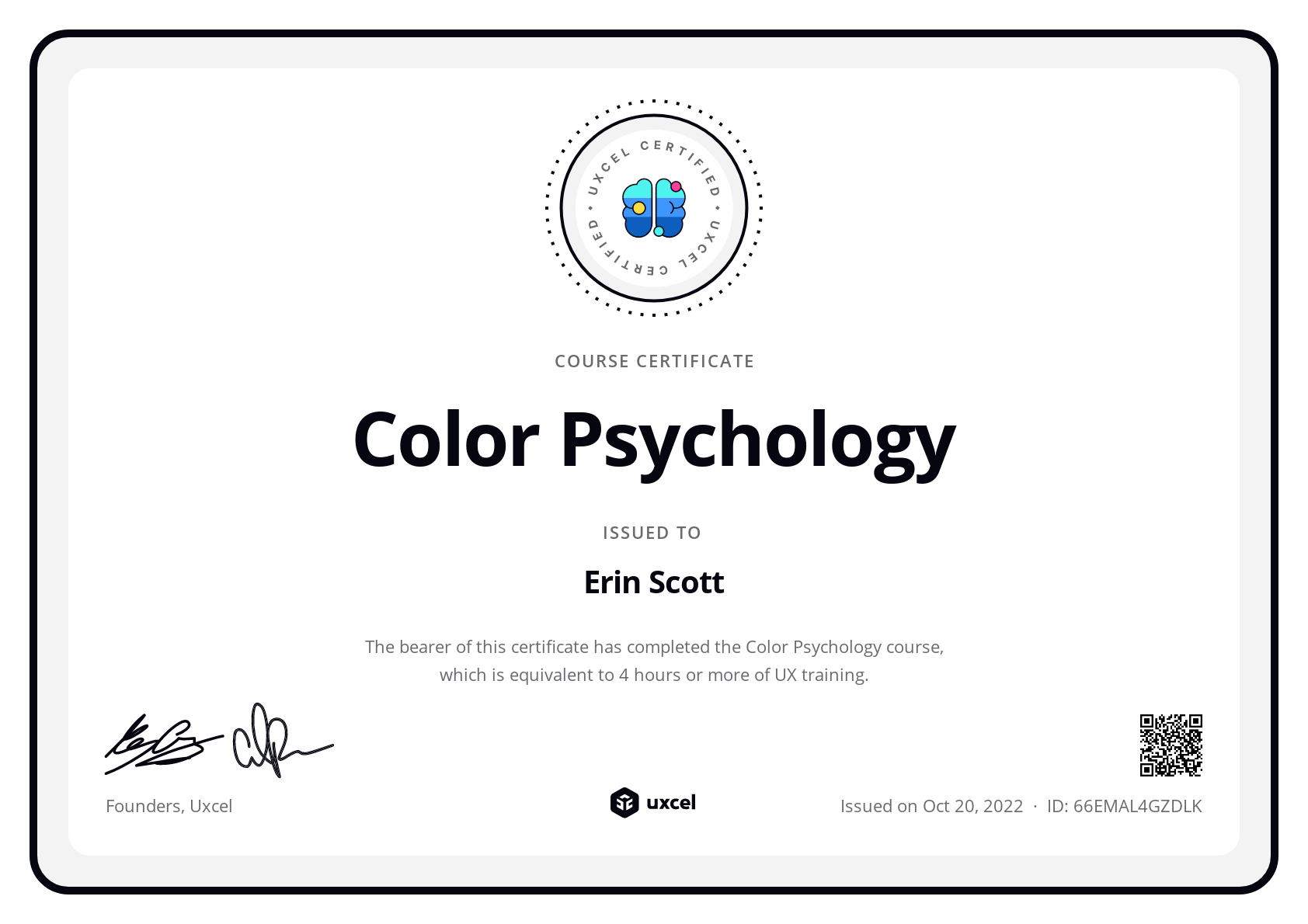 Erin Scott's certificate